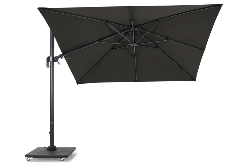 Avola zweefparasol met tiltfunctie in zwart aluminium met zwart weather+ softtouch parasoldoek - L1 300 x L2 300 cm (met voet)