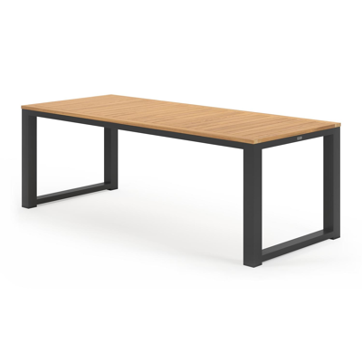 Livo tuinset in zwart aluminium en natural finish teak tafelblad met 6 stapelbare Matera tuinstoelen