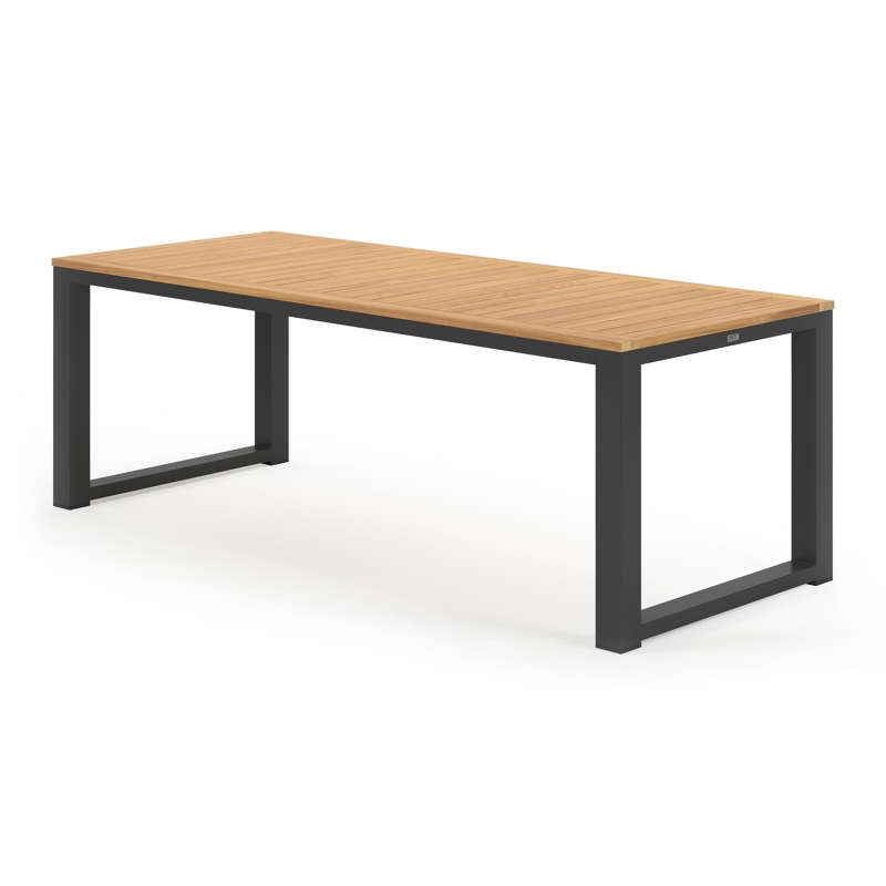 Livo tuinset in zwart aluminium en naturel teak tafelblad met 6 stapelbare Calobra tuinstoelen