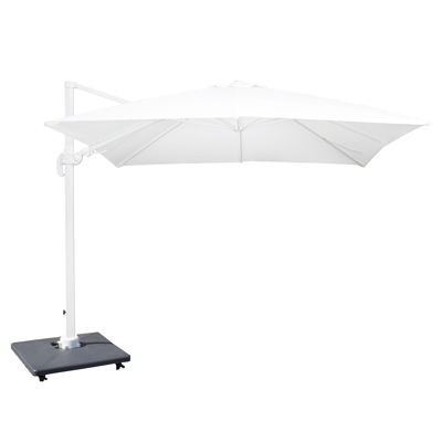 Avola zweefparasol met tiltfunctie in wit aluminium met wit polyester parasoldoek - L1: 300 x L2: 300 cm (met voet)