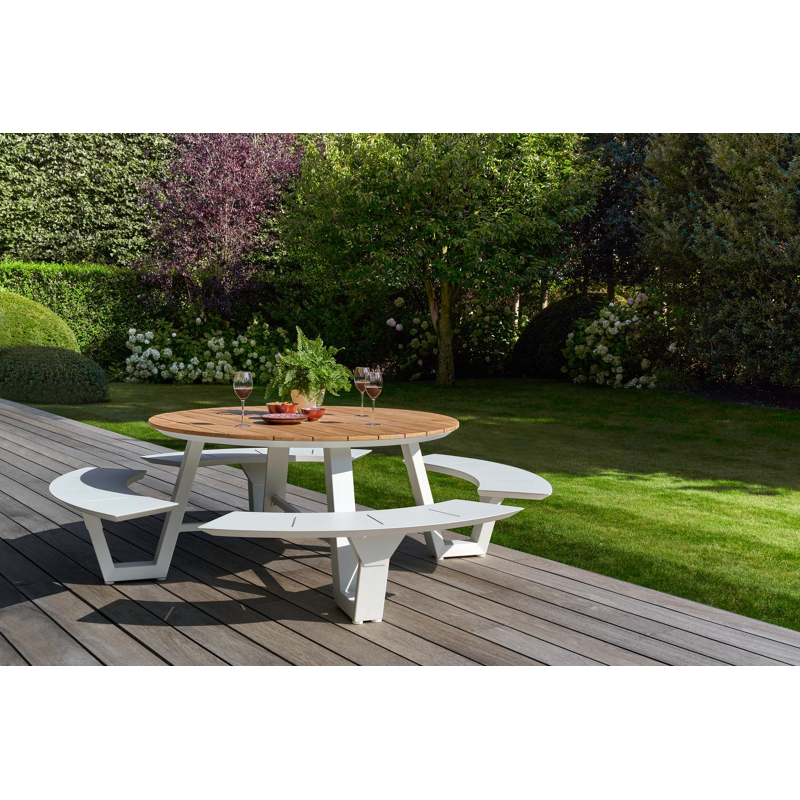 Rondino picknicktafel in wit aluminium en teak tafelblad - Ø 236 x H 71,5 cm