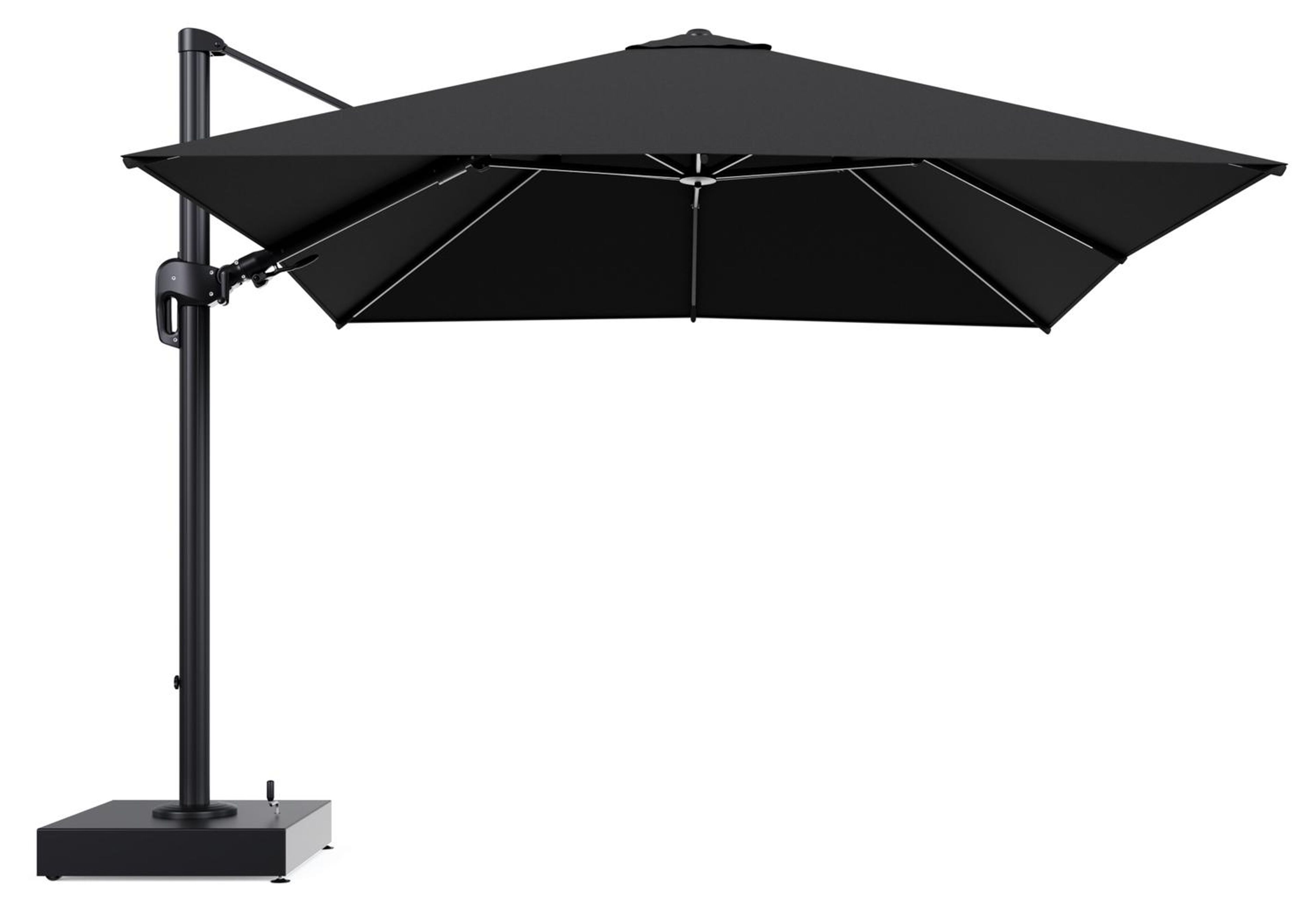 Rufina zweefparasol met tiltfunctie in zwart aluminium en Natte Sooty All Weather Sunbrella® Luxe parasoldoek - L1 300 x L2 300 cm met parasolvoet Minore 150 kg met wielen