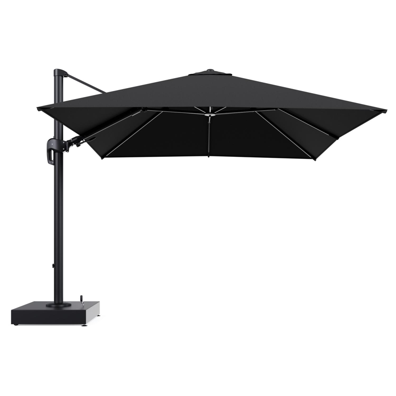 Rufina zweefparasol met tiltfunctie in zwart aluminium en Natte Sooty All Weather Sunbrella® Luxe parasoldoek - L1 300 x L2 300 cm met parasolvoet Minore 150 kg met wielen
