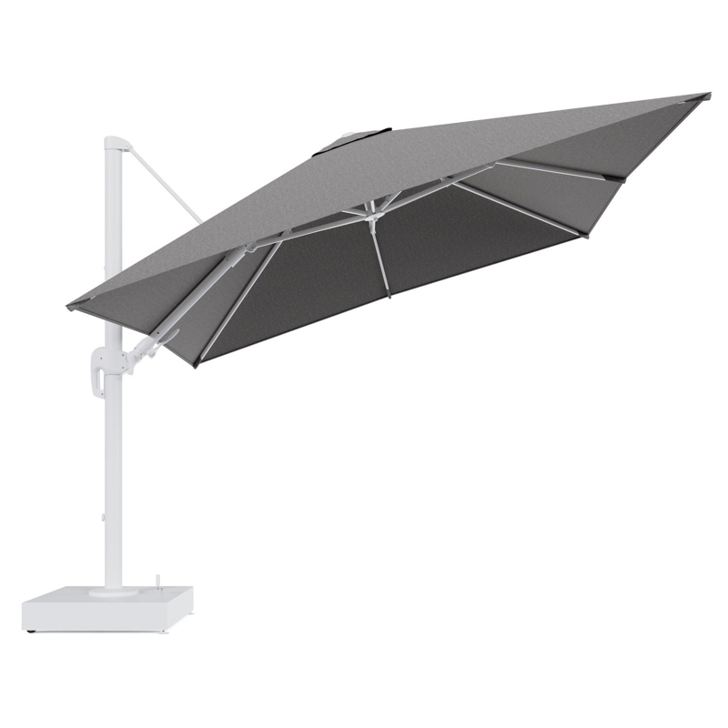 Rufina zweefparasol met tiltfunctie in wit aluminium en Chartres Drizzle All Weather Sunbrella® Luxe parasoldoek - L1 300 x L2 300 cm met parasolvoet Minore 150 kg met wielen