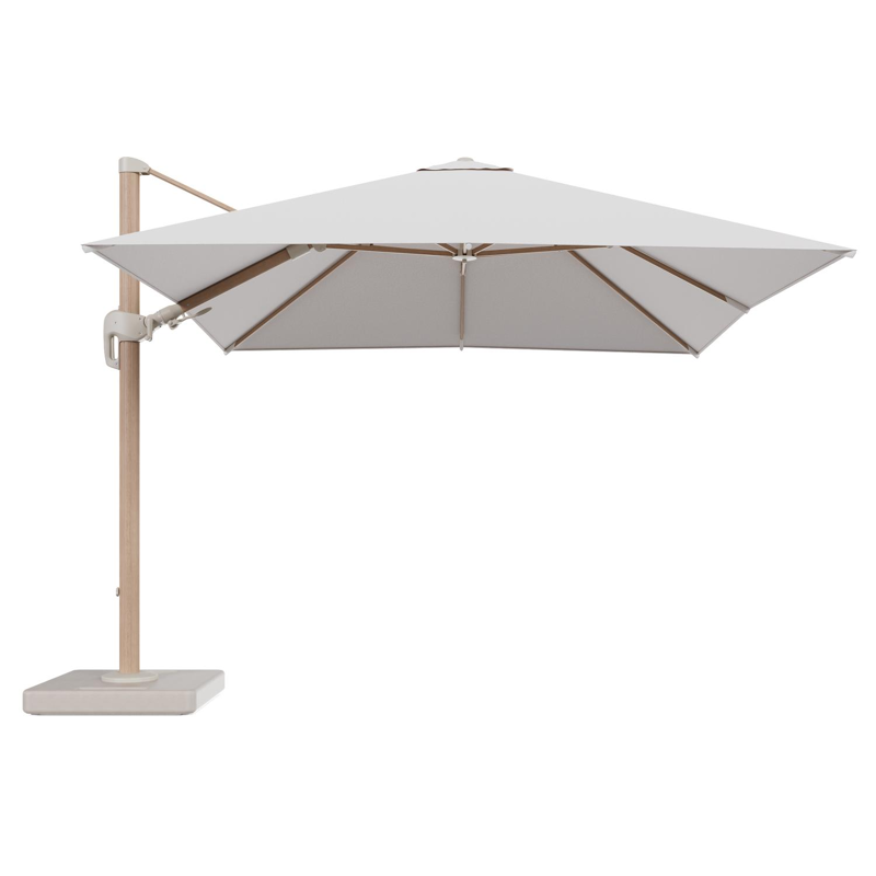 Parasol pendant Rufina avec fonction tilt en aluminium aspect de bois et toile de parasol en All Weather Solica Ego Eggshell - Lg.1 300 x Lg.2 300 cm avec pied de parasol Lapido 160 kg