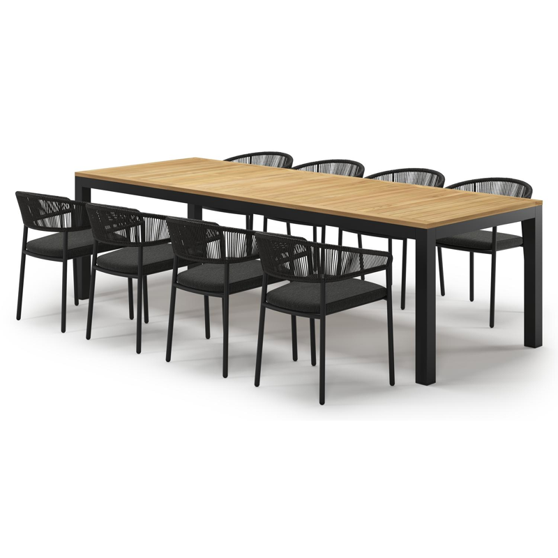 Varese tuinset in zwart aluminium en teak met 8 Zamora tuinstoelen