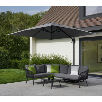 Funchal loungehoek in zwart aluminium en rope met grijs polyester kussen en loungetafel