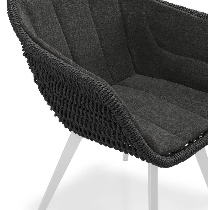 Pagino tuinstoel in wit aluminium en zwart ronde wicker met zitkussen in All Weather Sunbrella® Luxe Chartres Sooty