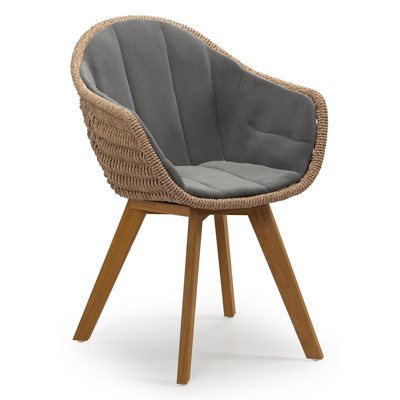 Pagino tuinstoel in teak en naturel ronde wicker met zitkussen in All Weather Sunbrella® Luxe Natte Charcoal Chine
