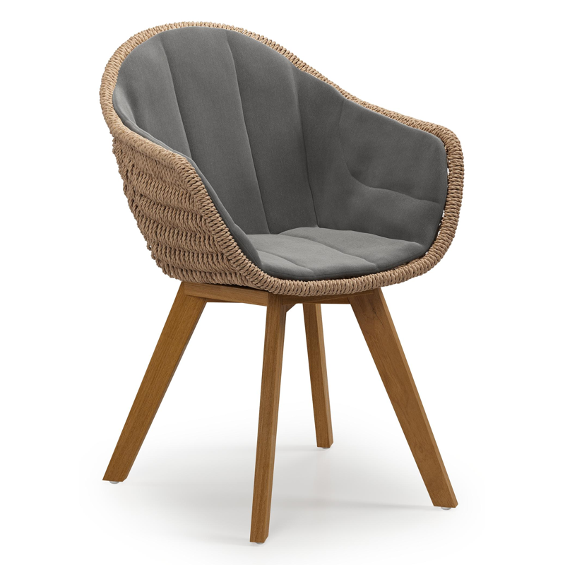 Pagino tuinstoel in teak en naturel ronde wicker met zitkussen in All Weather Sunbrella® Luxe Natte Charcoal Chine
