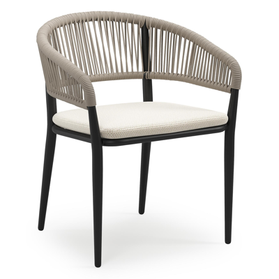 Tolfa stapelbare tuinstoel in zwart aluminium en beige verticaal geweven ronde rope met stoelkussen in All Weather Cosytica Althea Off White