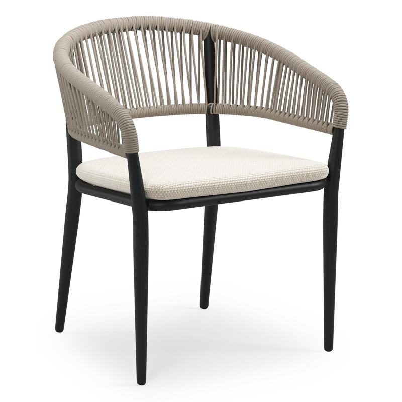 Tolfa stapelbare tuinstoel in zwart aluminium en beige verticaal geweven ronde rope met stoelkussen in All Weather Cosytica Althea Off White