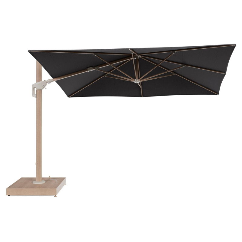 Minore zweefparasol met tiltfunctie in houtlook aluminium en Firenze Tunder All Weather Solica parasoldoek - L1 280 x L2 370 cm met parasolvoet Minore 260 kg met wielen