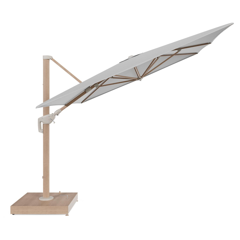 Minore zweefparasol met tiltfunctie in houtlook aluminium en Savane Nimbus All Weather Sunbrella® Luxe parasoldoek - L1: 400 x L2: 300 cm met parasolvoet Minore 260 kg met wielen