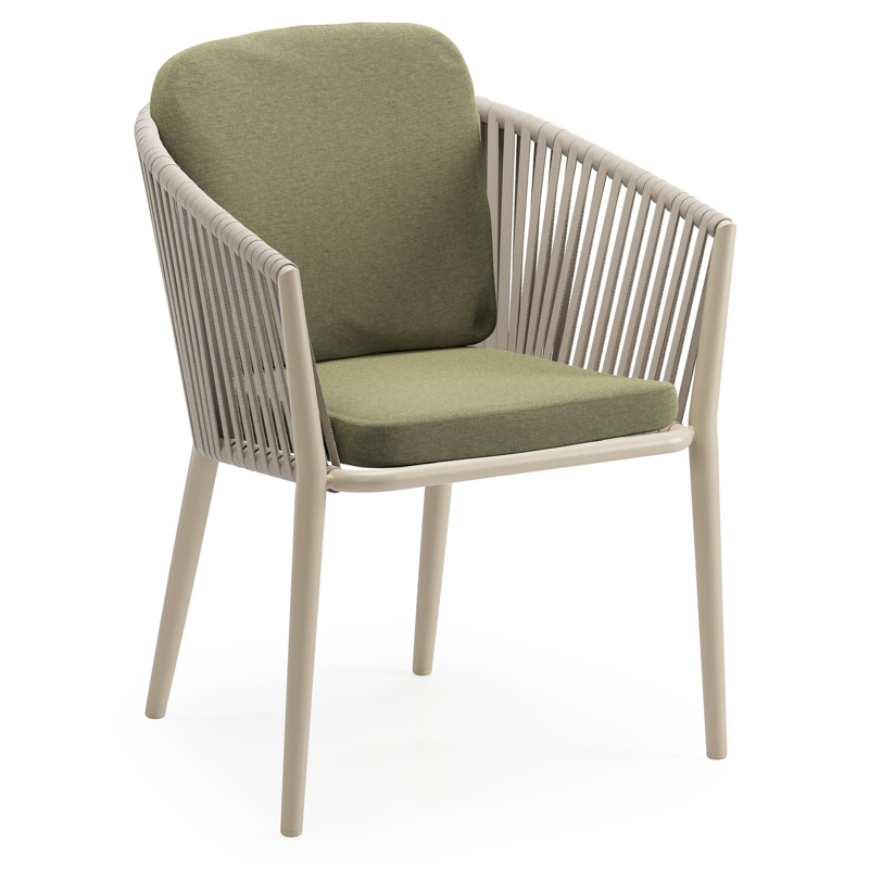 Chaise de jardin Orso en aluminium beige et corde plate tissée verticalement beige avec coussin luxe en All Weather Sunbrella® Luxe Heritage Leaf