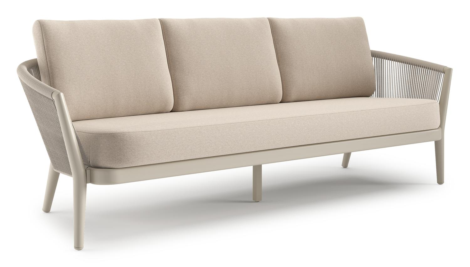 Orso loungebank in beige aluminium en beige verticaal geweven ronde rope met Heritage Ash all weather sunbrella® luxe kussen