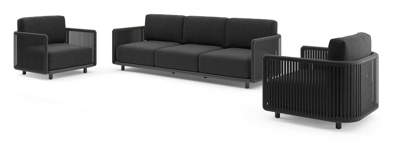 Organo loungeset in zwart aluminium en zwart verticaal geweven luxe vlakke rope met chartres sooty all weather sunbrella® luxe kussens