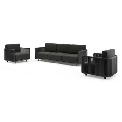 Organo loungeset in zwart aluminium en zwart verticaal geweven luxe vlakke rope met chartres sooty all weather sunbrella® luxe kussens