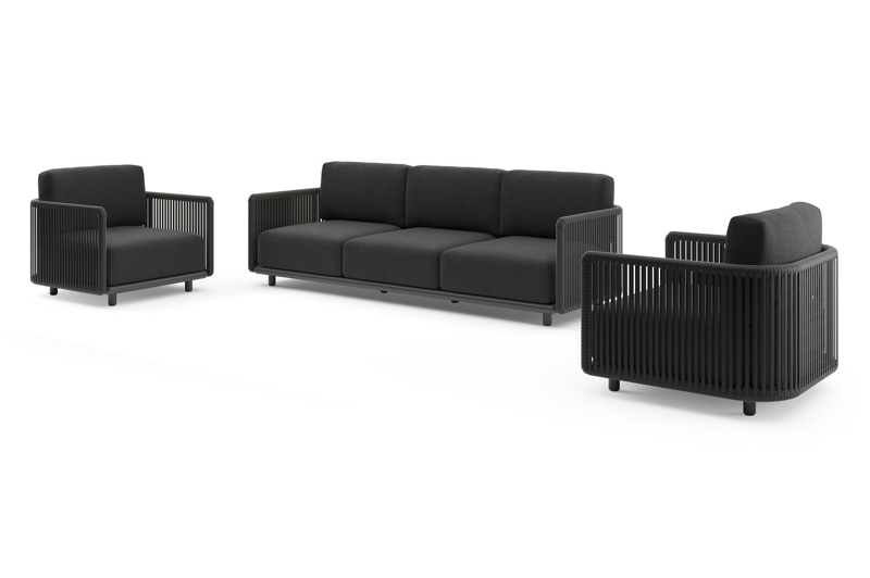 Organo loungeset in zwart aluminium en zwart verticaal geweven luxe vlakke rope met chartres sooty all weather sunbrella® luxe kussens