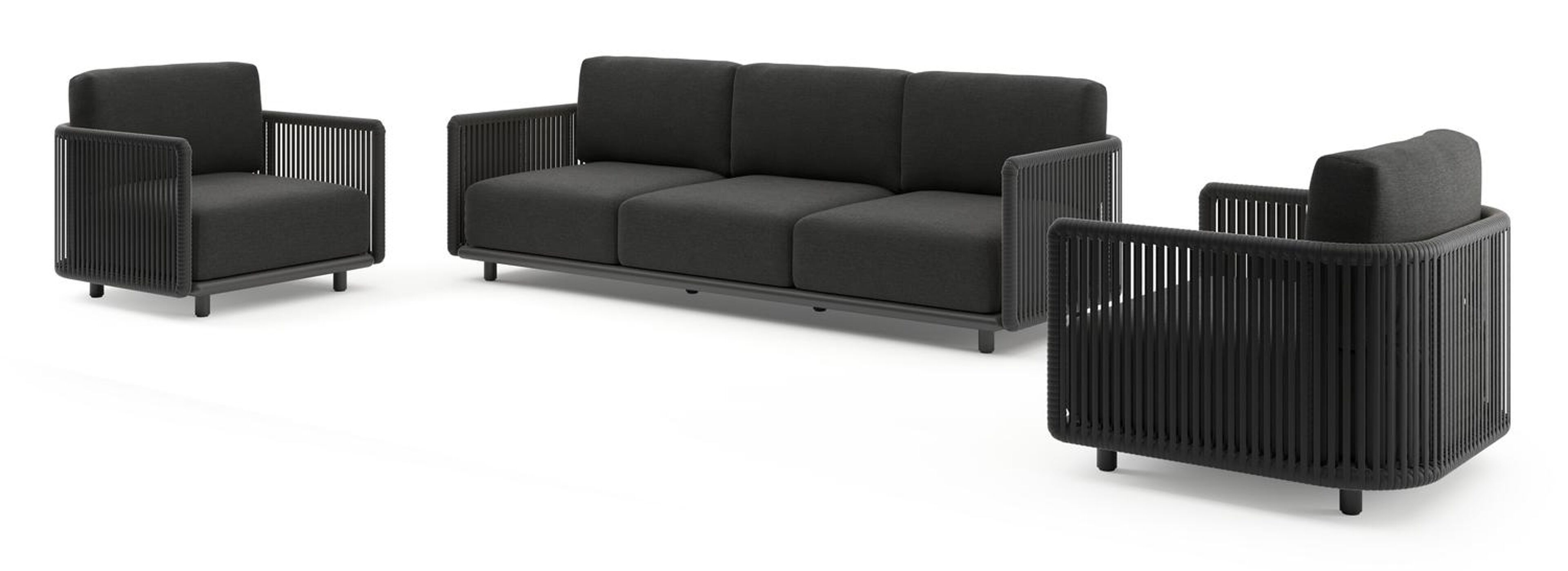 Organo loungeset in zwart aluminium en zwart verticaal geweven luxe vlakke rope met chartres sooty all weather sunbrella® luxe kussens