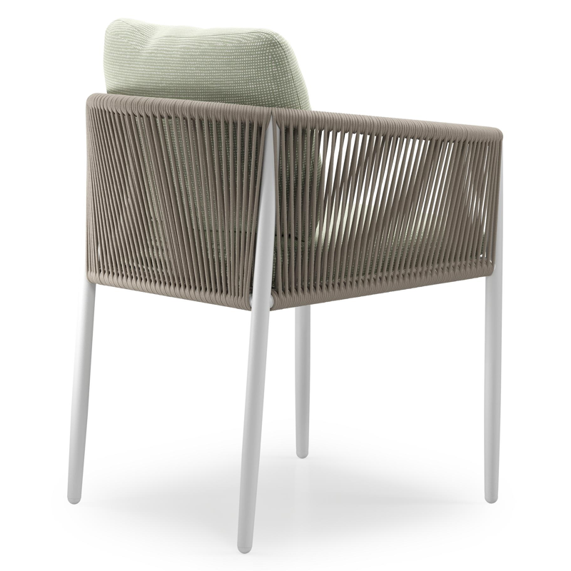 Organo tuinstoel in beige aluminium en beige verticaal geweven ronde rope met stoelkussen in All Weather Sunbrella® Luxe Slow Spirea