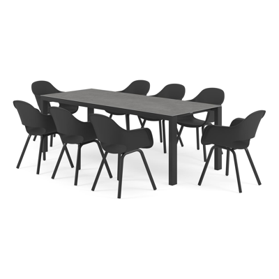 Ensemble de jardin Trente en aluminium noir avec plateau de table en céramique pleine gris et 8 chaises de jardin Artena