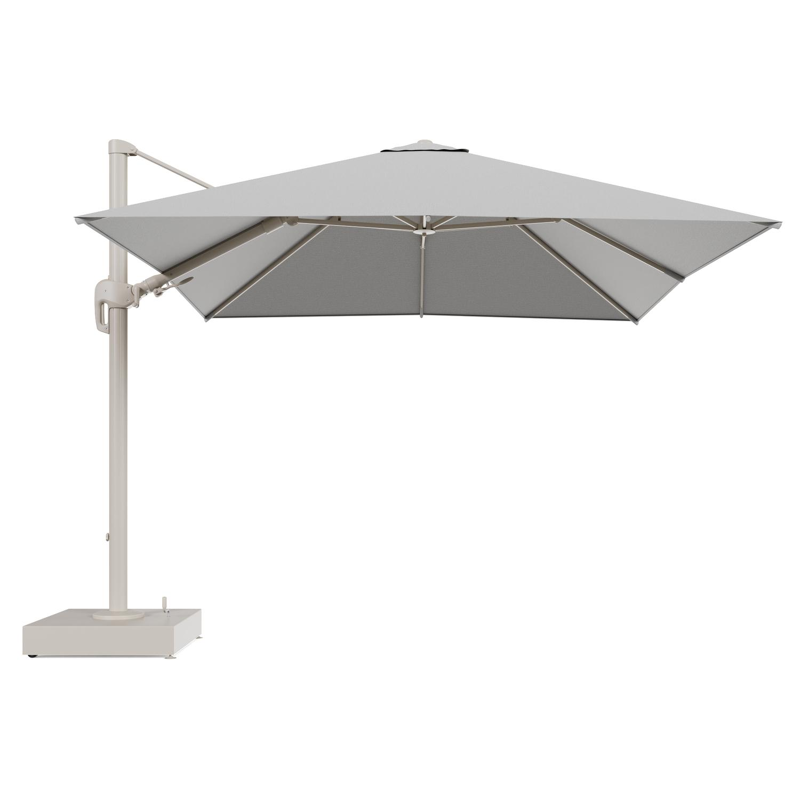 Rufina zweefparasol met tiltfunctie in beige aluminium en Savane Nimbus All Weather Sunbrella® Luxe parasoldoek - L1 300 x L2 300 cm met parasolvoet Minore 150 kg met wielen