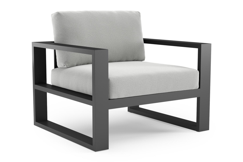 Verato loungestoel in zwart aluminium met natte grey chine all weather sunbrella® luxe kussen