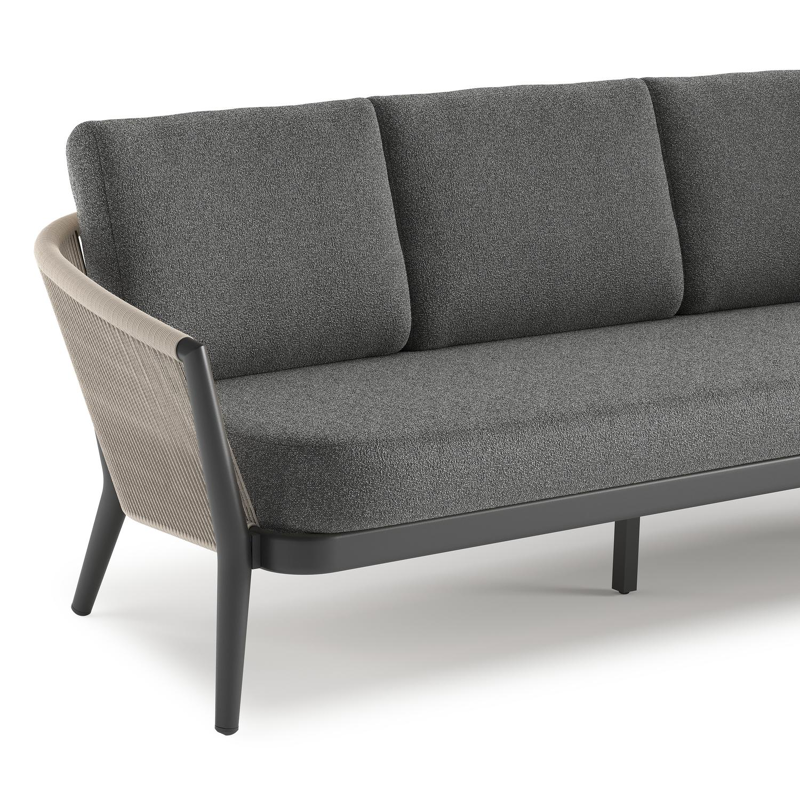 Orso loungeset in zwart aluminium en beige verticaal geweven ronde rope met Catania Black all weather cosytica kussen