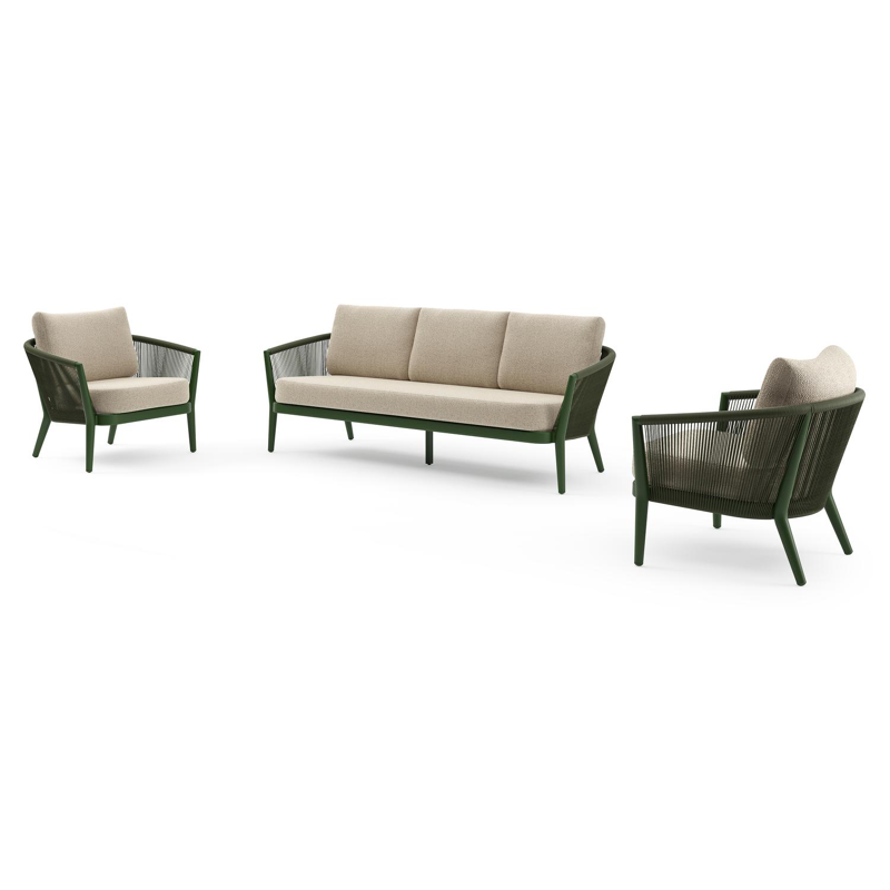 Orso loungeset in groen aluminium en groen verticaal geweven ronde rope met Bora Forest all weather cosytica kussen