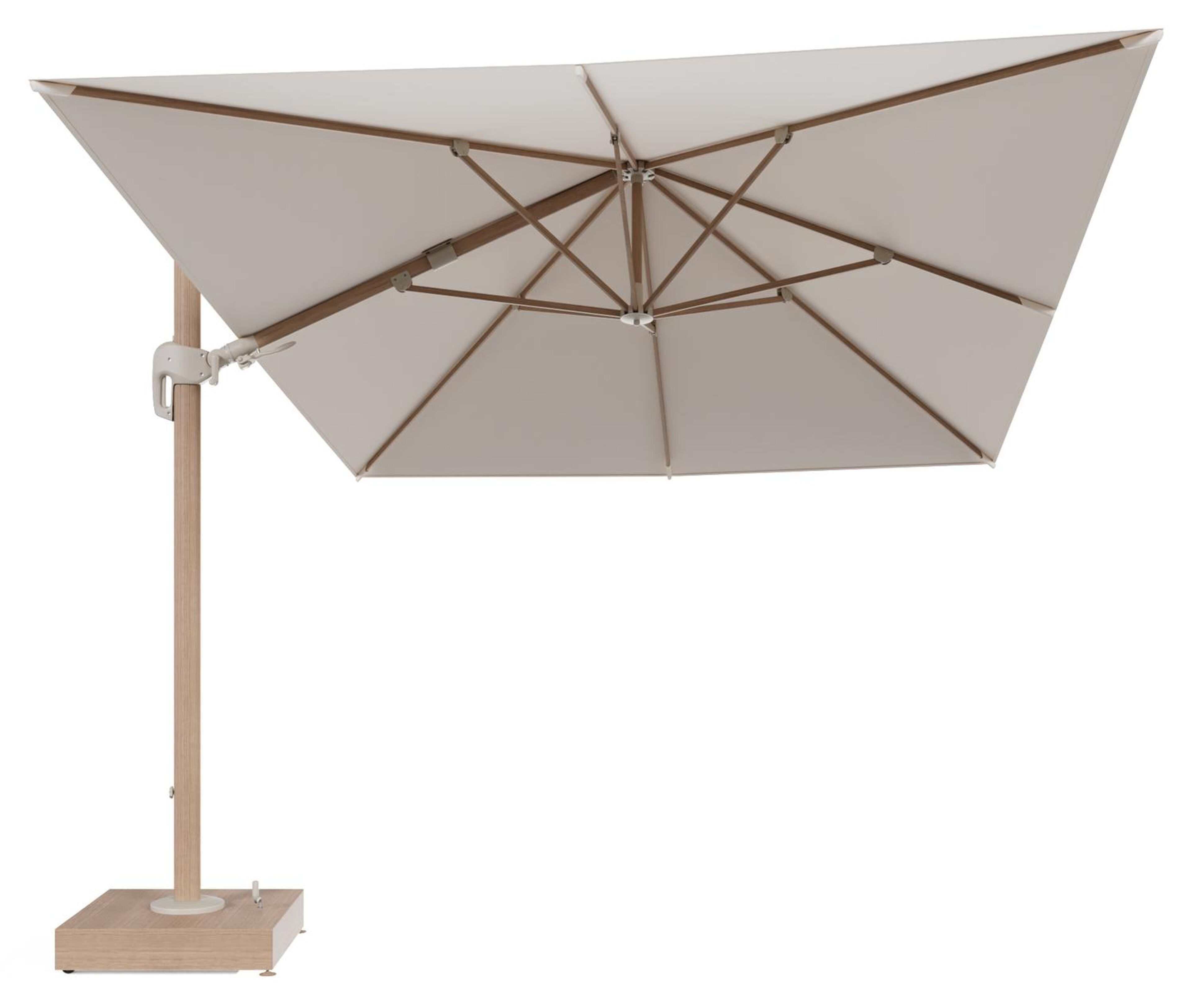 Rufina zweefparasol met tiltfunctie in houtlook aluminium en Natte Linen Chalk All Weather Sunbrella® Luxe parasoldoek - L1 400 x L2 300 cm met parasolvoet Minore 150 kg met wielen