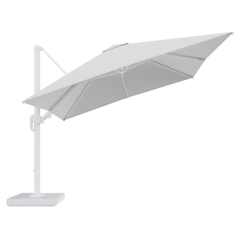 Parasol pendant Rufina avec fonction tilt en aluminium blanc et toile de parasol en All Weather Solica Ego Birch - Lg.1 300 x Lg.2 300 cm avec pied de parasol Lapido 160 kg