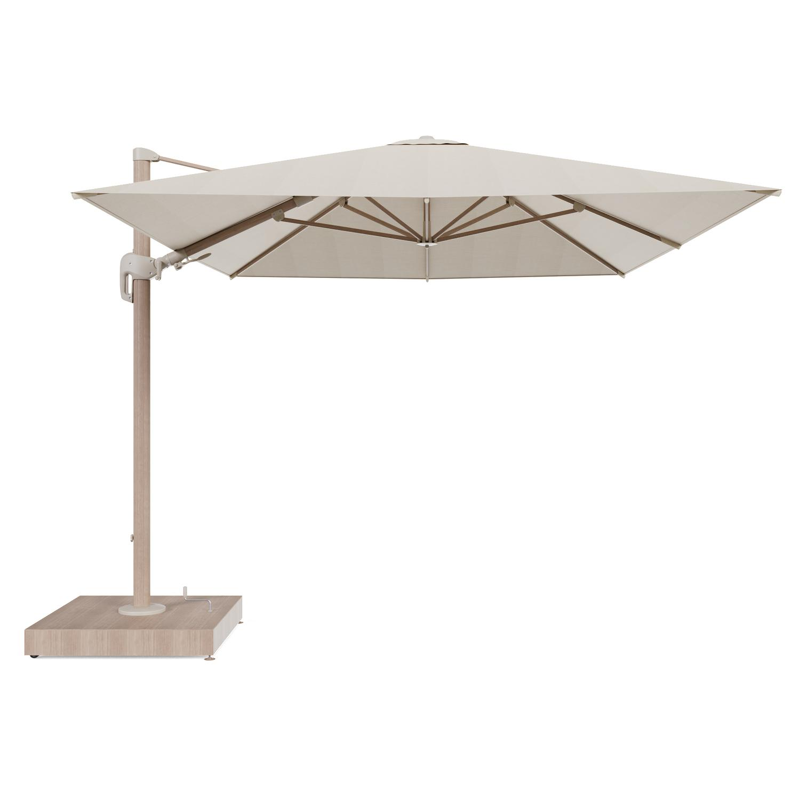 Rufina zweefparasol met tiltfunctie in houtlook aluminium en beige All Weather Sunbrella® Premium parasoldoek - L1 400 x L2 300 cm met parasolvoet Minore 260 kg met wielen