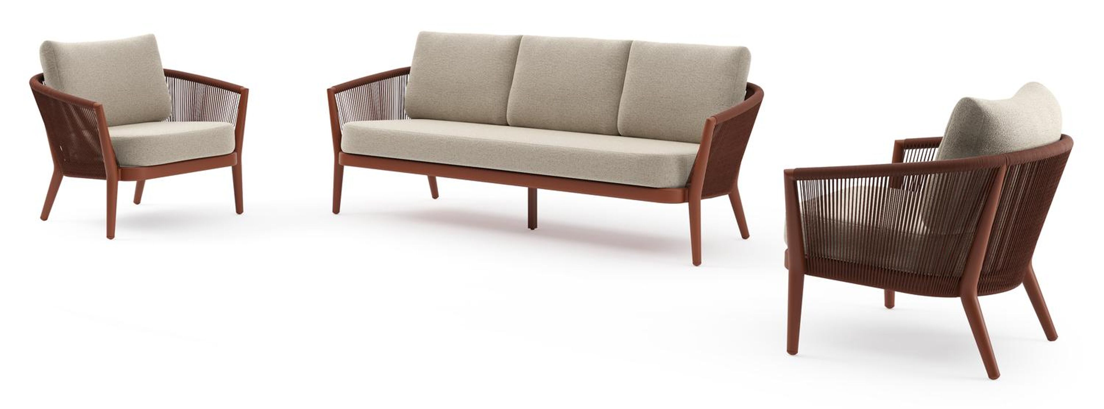 Orso loungeset in roestbruin aluminium en roestbruin verticaal geweven ronde rope met Marbella Beige all weather cosytica kussen