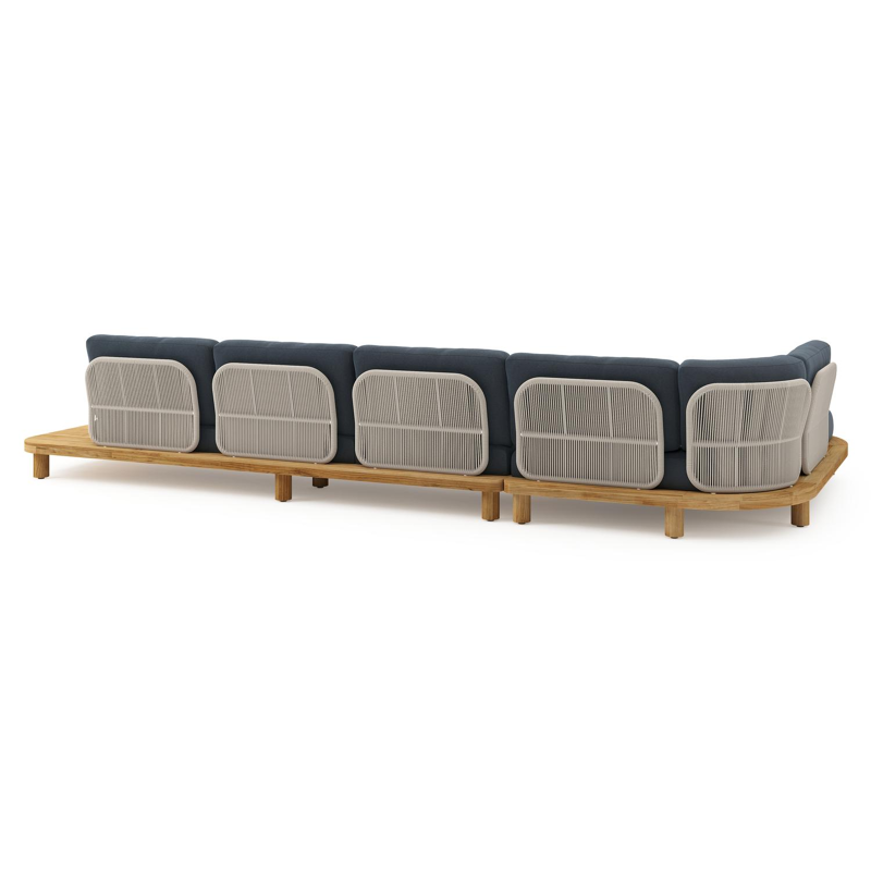 Salon de jardin d'angle Donato en teck et corde ronde tissée verticalement beige et coussins en All Weather Sunbrella® luxe Heritage Indigo