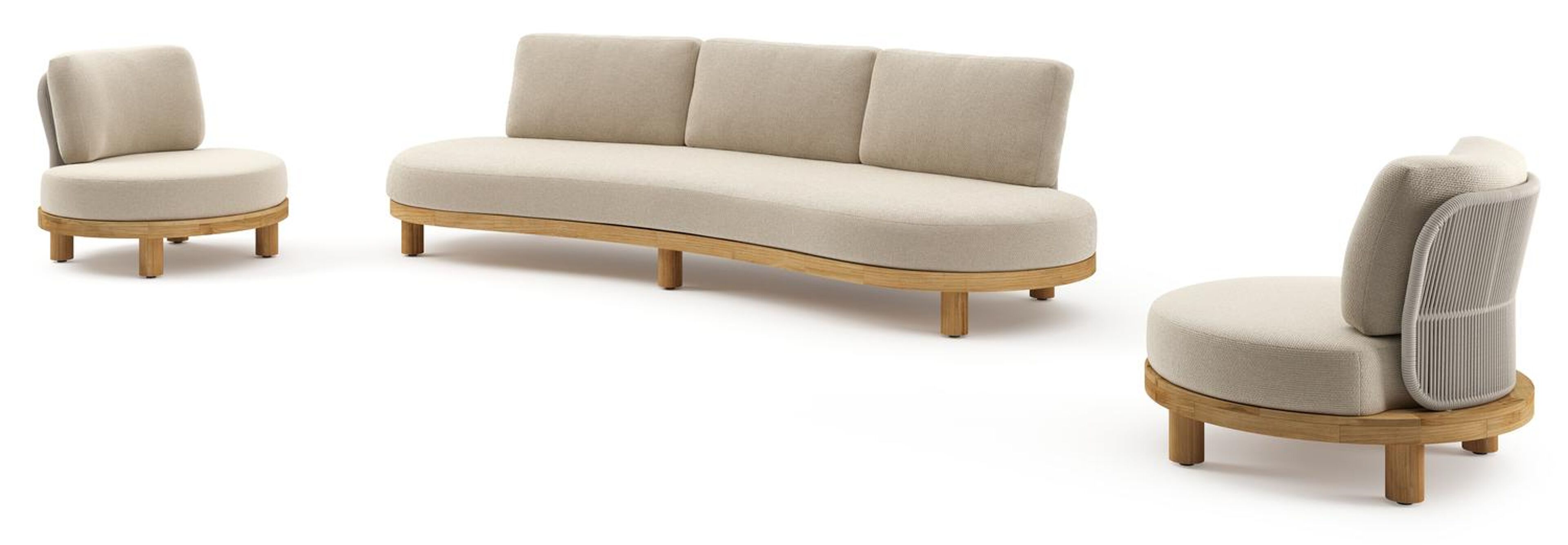 Salon de jardin Donato en teck et corde ronde tissée verticalement beige et coussins en all weather cosytica Althea Chalk