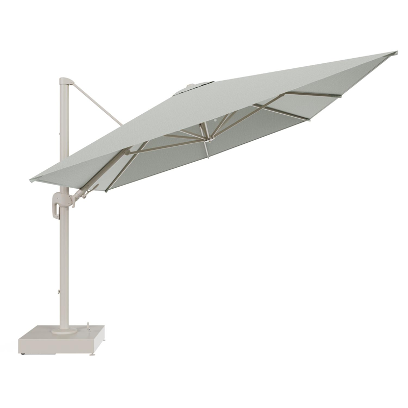 Rufina zweefparasol met tiltfunctie in beige aluminium en Slow Spirea All Weather Sunbrella® Luxe parasoldoek - L1 400 x L2 300 cm met parasolvoet Minore 150 kg met wielen