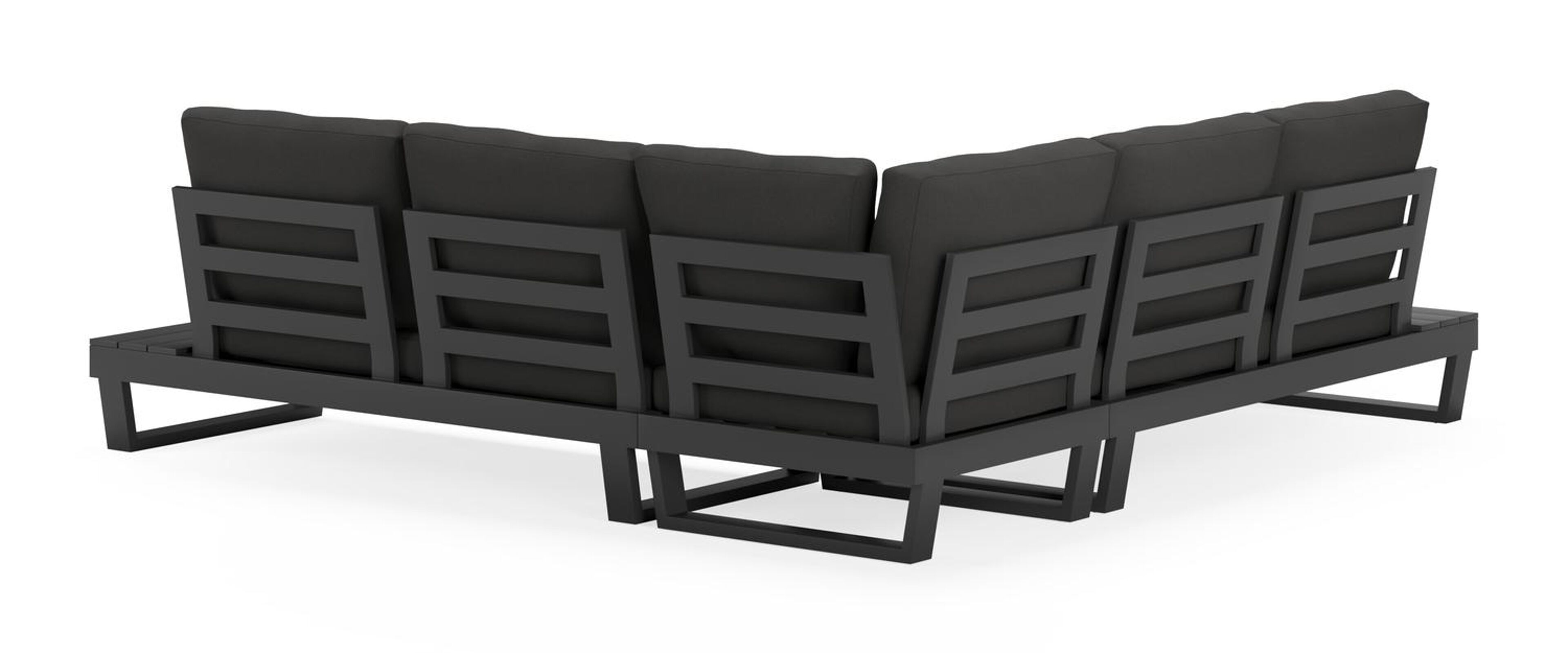 Modica loungehoek in zwart aluminium met natte sooty all weather sunbrella® premium kussens en loungetafel