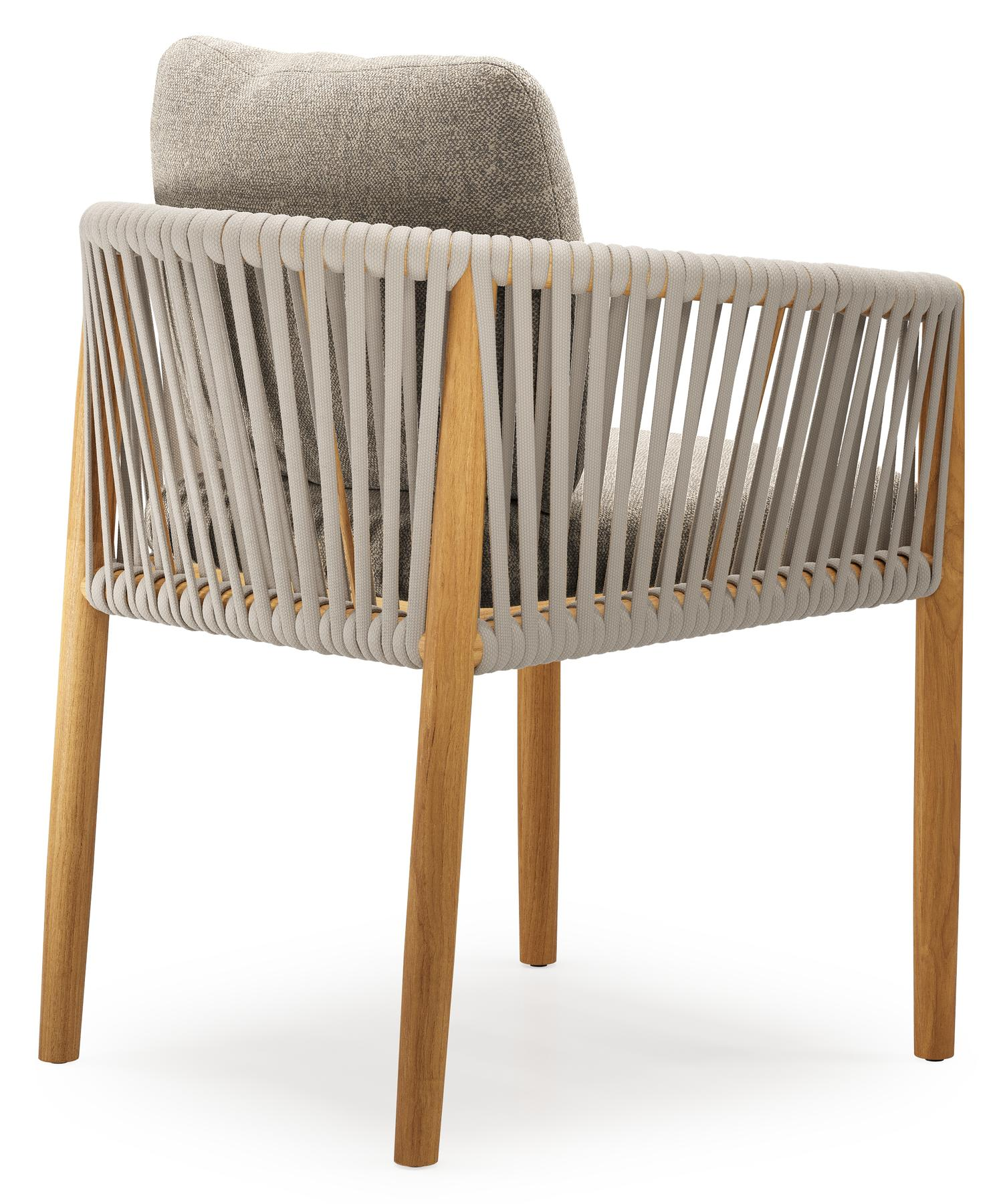 Organo tuinstoel in beige teak en beige verticaal geweven luxe vlakke rope met kussen in All Weather Sunbrella® Luxe Chartres Pewter