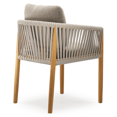 Organo tuinstoel in beige teak en beige verticaal geweven luxe vlakke rope met kussen in All Weather Sunbrella® Luxe Chartres Pewter