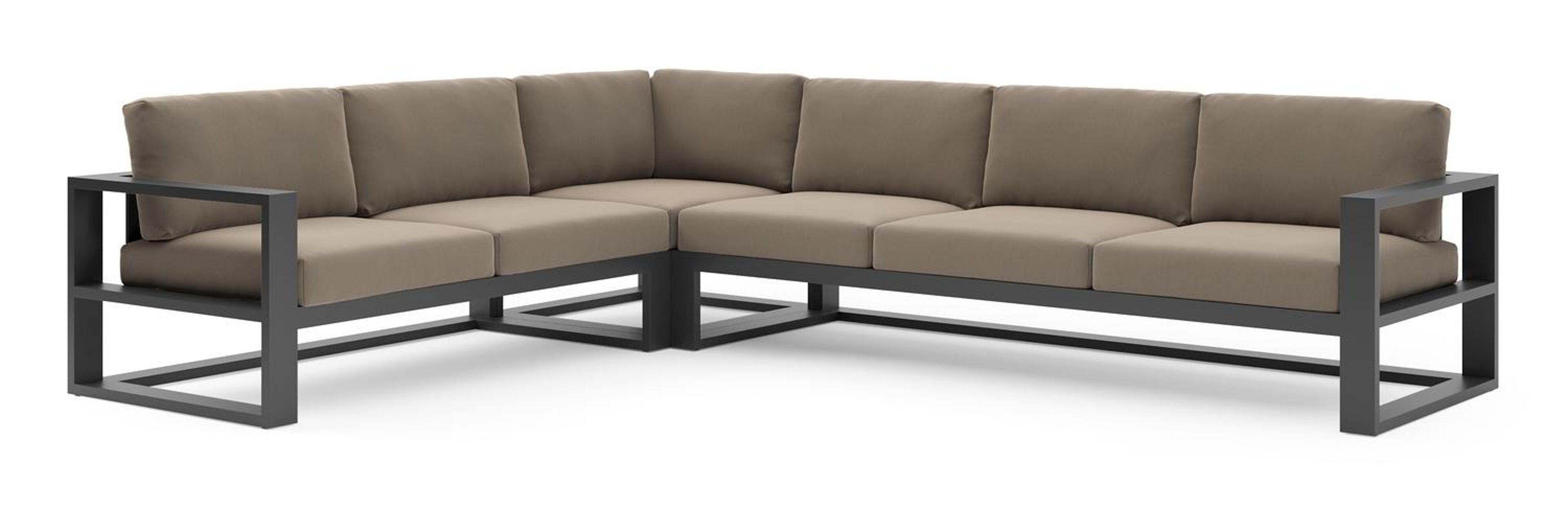 Verato loungehoek in zwart aluminium met natte heather grey all weather sunbrella® luxe kussen