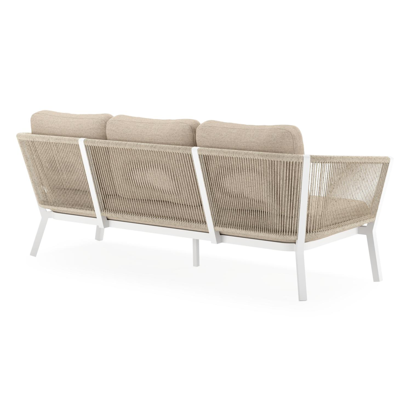 Salon de jardin Cordoba en aluminium blanc et corde ronde tissée verticalement beige et coussins en weather+ softtouch rustic