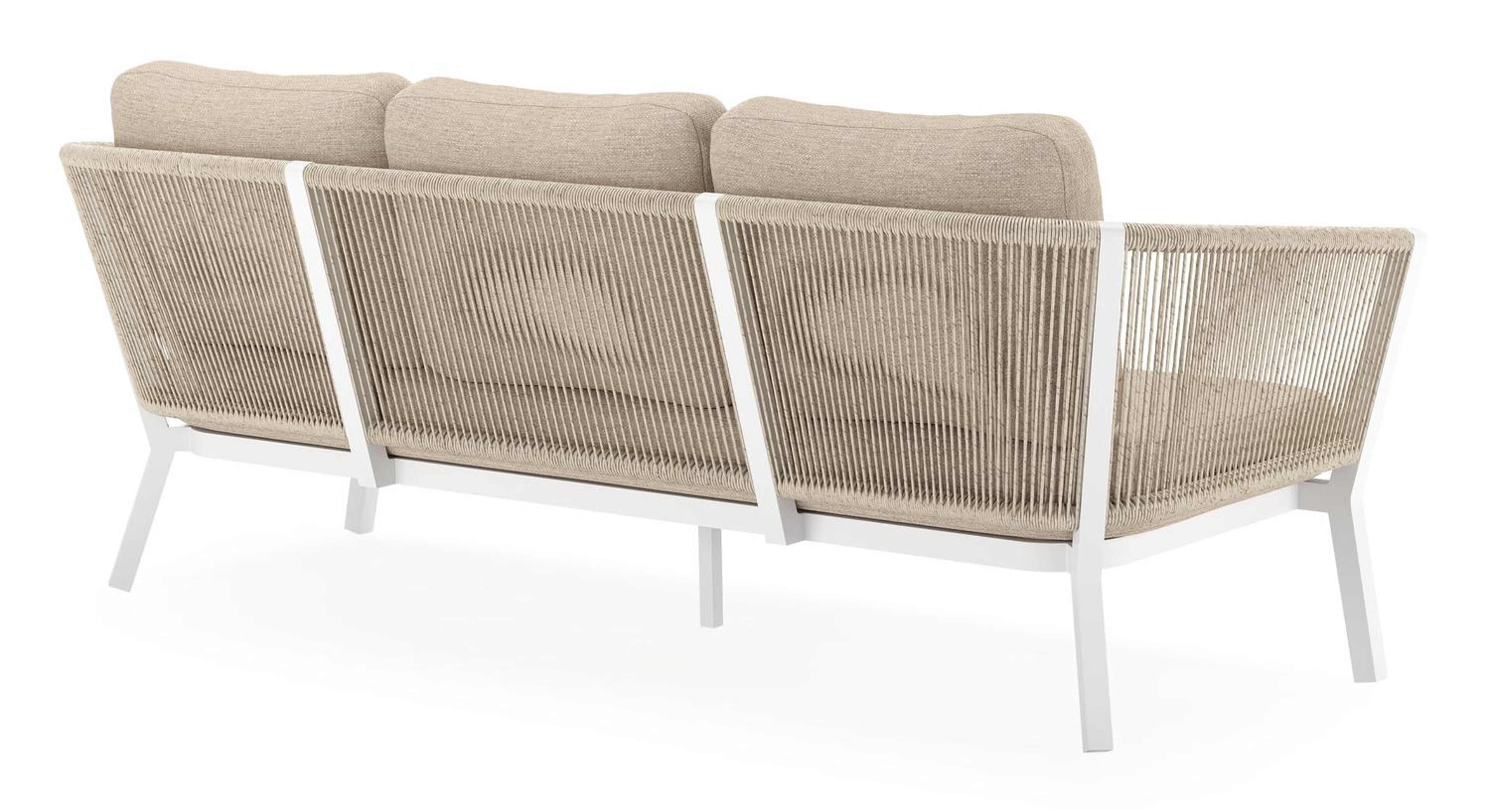 Cordoba loungeset in wit aluminium en beige verticaal geweven ronde rope met rustic weather+ softtouch kussens