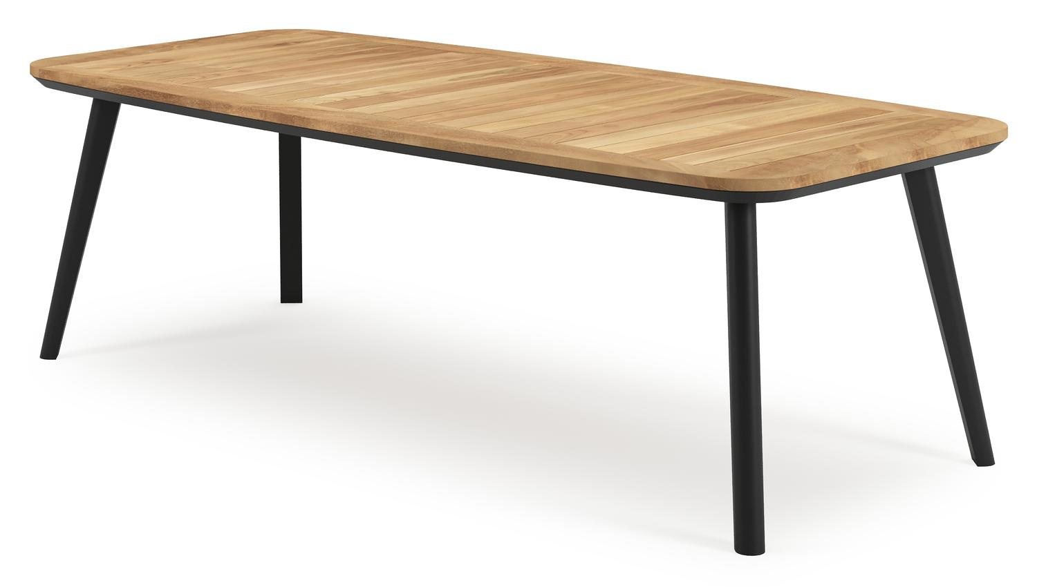 Mosa bootvormige tuinset in zwart aluminium en teak natural finish met 6 Calobra tuinstoelen