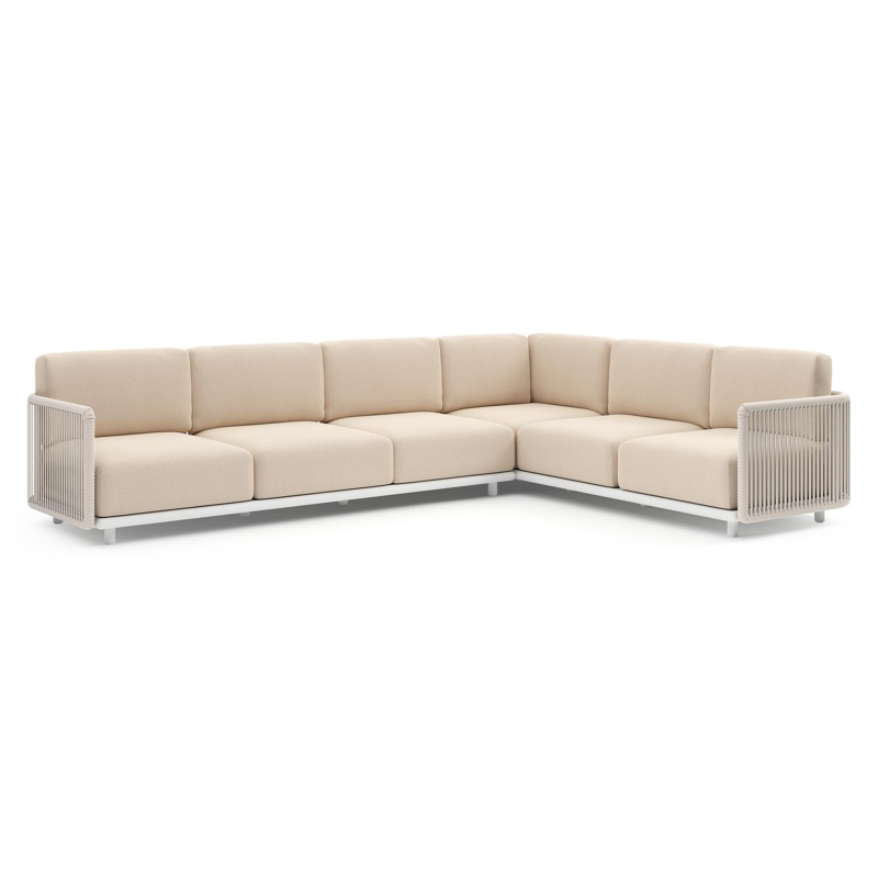 Organo loungehoek in wit aluminium en beige verticaal geweven luxe vlakke rope met heritage papyrus all weather Sunbrella® luxe kussen