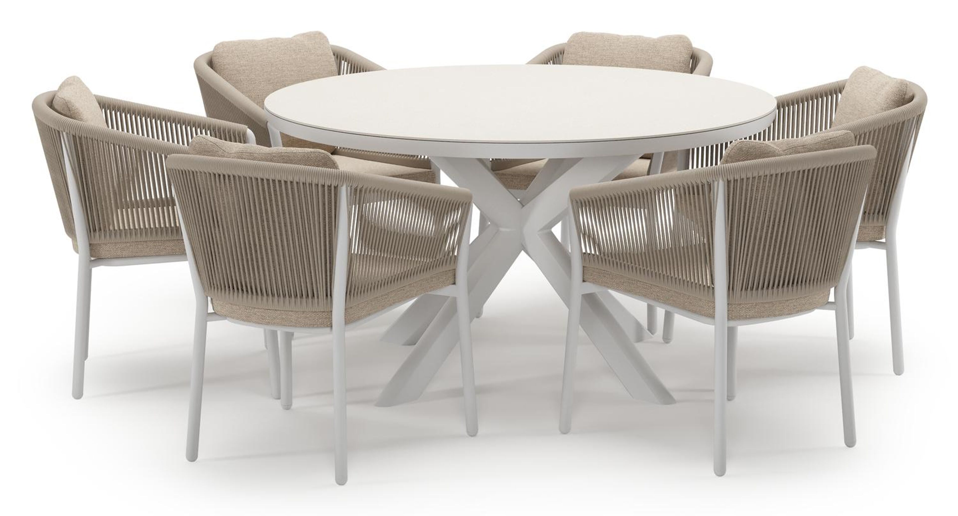 Pamplona tuinset in wit aluminium en crema minerale sintered stone met 6 Gerona tuinstoelen