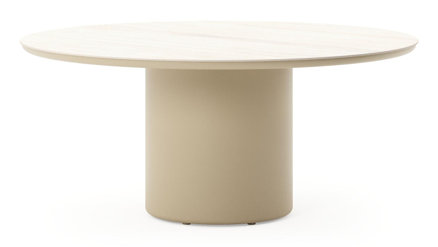 Amico low dining tuintafel rond in beige aluminium en volkeramiek Travertino Bianco - Dia. 148 x H 61 cm