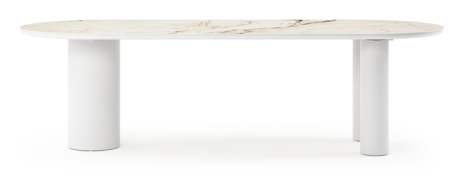Table de jardin Organo ovale en aluminium blanc et céramique pleine colorado dunes - Lg. 260 x Lrg. 100 x Haut. 74 cm