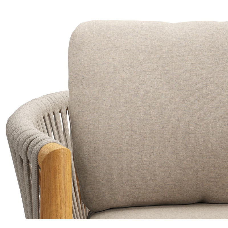 Organo tuinstoel in teak en beige verticaal geweven luxe vlakke rope met zitkussen in All Weather Sunbrella® Luxe Heritage Ash