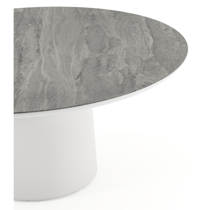 Amico low dining tuintafel rond in wit aluminium en volkeramiek Aspen Grey - Dia. 148 x H 61 cm